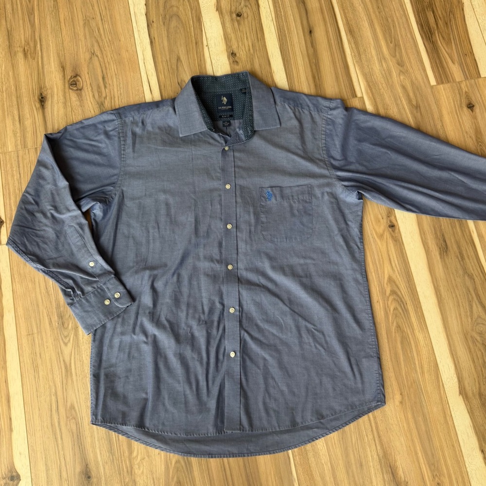 U.S. Polo Assn. Mens Blue Slim Fit Button Down Dress Shirt XL 17 1/2